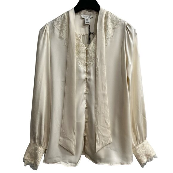Rachel Zoe Top Womens M Ivory Satin Lace Trim Pearl Button Down Blouse Feminine - Picture 1 of 13